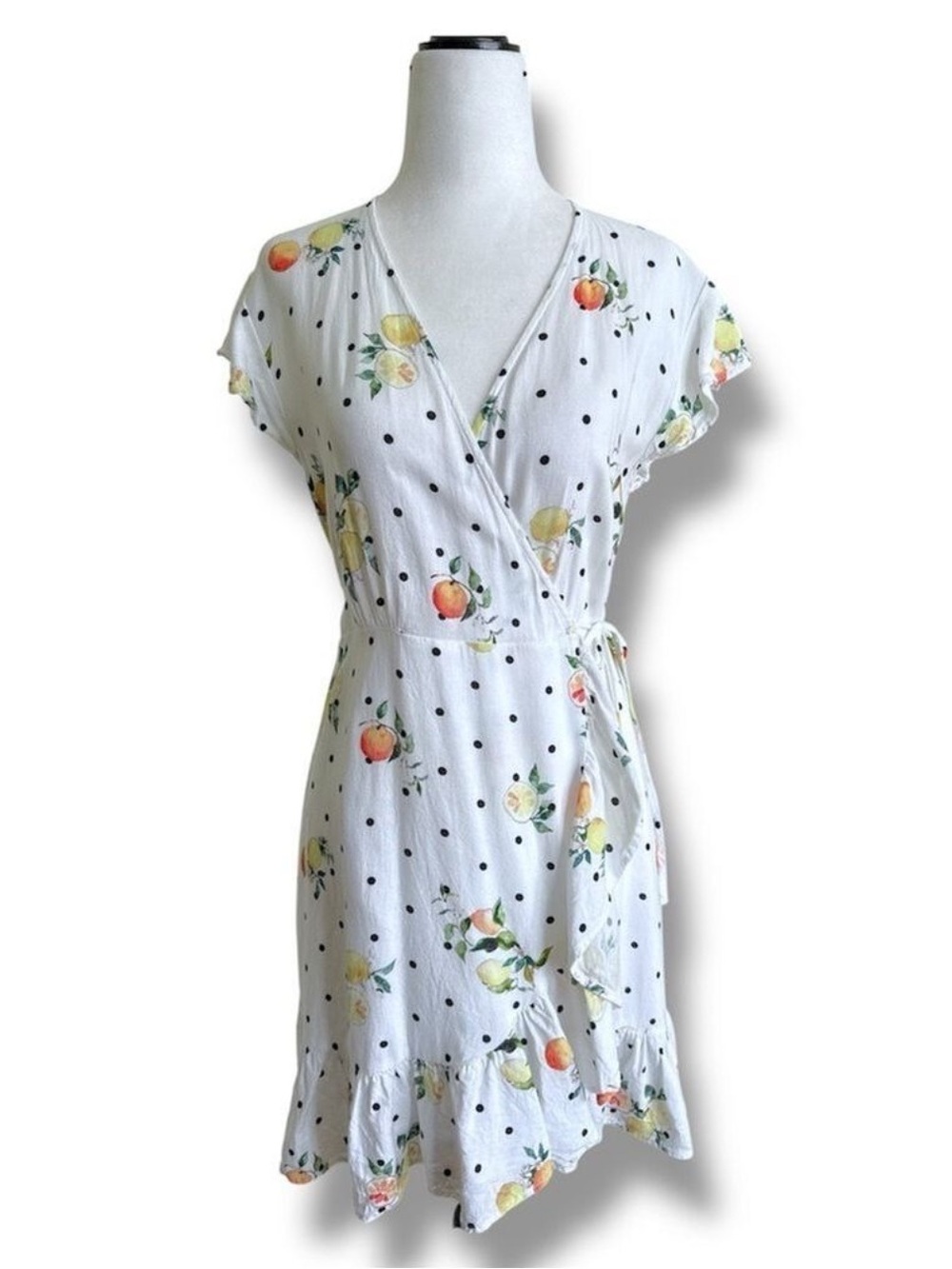 Rails Summer Dress Polka Dot Citrus Frilly Wrap Dress Feminine White Size XS